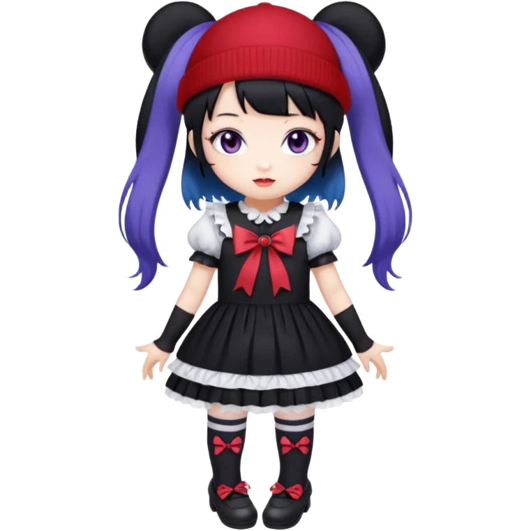 Chibi kawaii Kuromi, violet eyes, black-blue twin tails, red ribbons, red beanie, black & white lolita dress with red accents, white thigh-highs, black mary janes, cute aesthetic. emoji