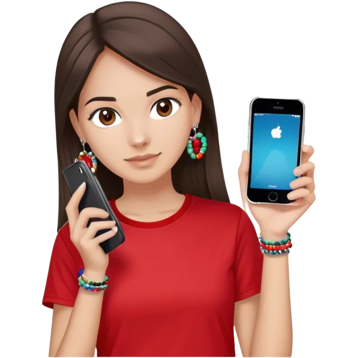 brunette girl with wavier medium length hair, brown eyes, light/medium skin tone, holding two phones - one iPhone and one plain black phone without Apple logo, wearing red Adidas t-shirt, simple silver hoop earrings, and a colorful beaded charm necklace emoji