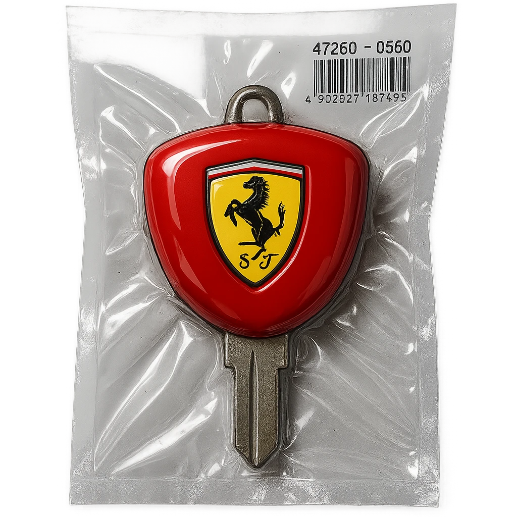 classic Ferrari key, red, with yellow Ferrari shield logo, shiny and inflated emoji