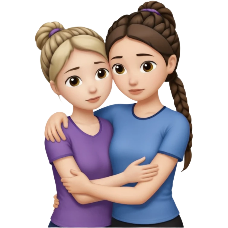 Comforting Hug two white skin women, one shorter woman with medium brown simple top ponytail, not braided, and one taller woman with a single long black side braid emoji