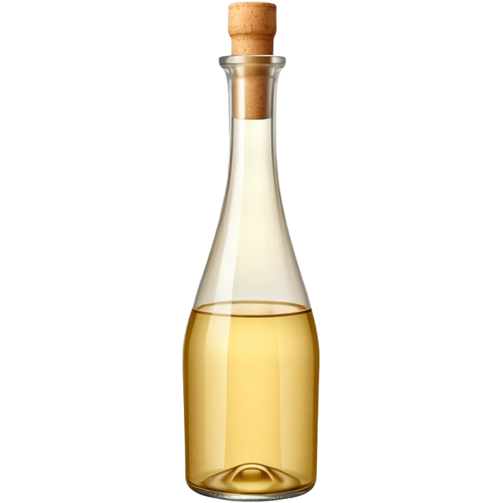 elegant upright glass bottle filled with pale golden white wine vinegar, slightly tall with smooth curves, narrow neck, simple light beige cork or cap, clear liquid with warm tint visible through transparent glass, no label or branding, soft lighting, subtle shadows, emoji scale emoji