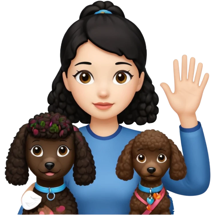 Ponytail black hair girl with brown Poodle say goodbye  emoji