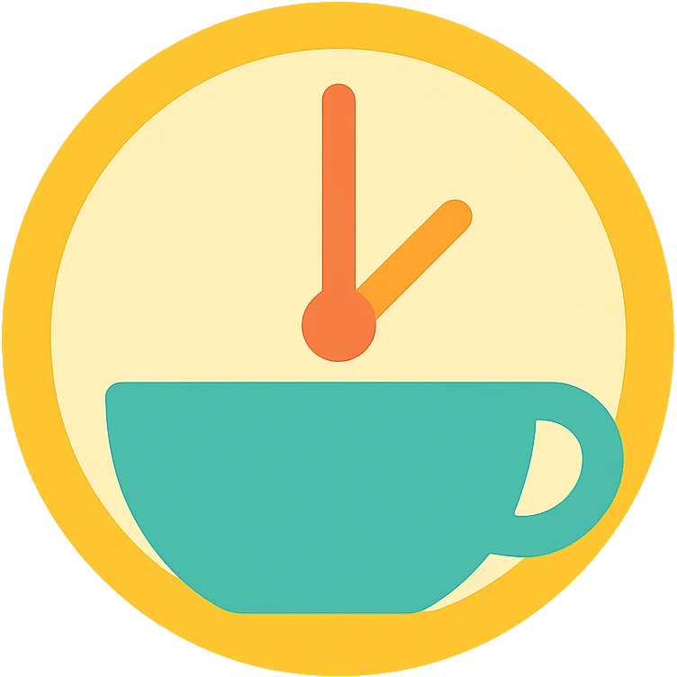 minimal flat icon of a clock with a tea cup as the face, bold colors, no outline emoji