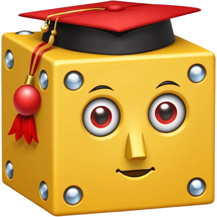 yellow lucky block, with 2 red question marks for the pupils inside the eyes, wings, and a red top hat, and has the :3 face  emoji