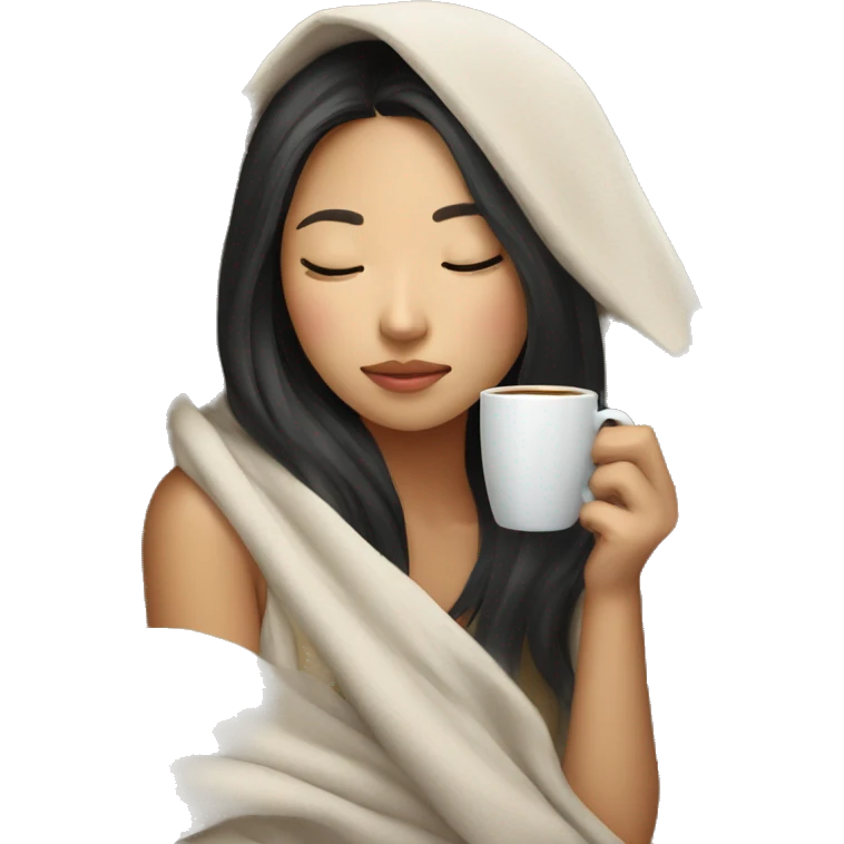 asian girl inside a blanket sipping coffee eyes closed emoji