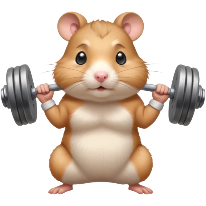 Cute cartoon-style hamster standing upright, wearing a tiny sweatband, lifting oversized dumbbells with determined expression. Soft painterly shading, expressive eyes, white background, sticker-style illustration emoji