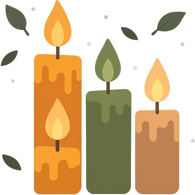 A set of slightly eerie, glowing wax candles with flickering flames, designed in a warm yet mysterious color palette: golden orange (FA9B41), deep forest green (4A7C5C), muted taupe brown (96775A), and soft pastel peach (FFCC9A). The candles are worn, with slightly uneven wax drips and an aged appearance, casting soft, flickering shadows. The flames glow in shades of soft orange and warm yellow, creating a haunting yet inviting atmosphere. The background is dark, with subtle mist or floating leaves around the candles, enhancing a slightly gothic, mysterious vibe. The overall scene has an enigmatic and cozy feel, combining warmth with an underlying sense of intrigue. emoji