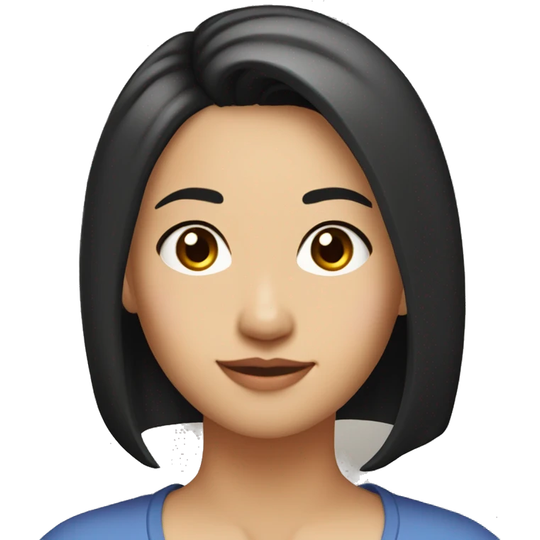 A head and shoulders shot of a 33 year old Asian woman, with straight black hair,   with brown eyes wearing a t-shirt. emoji
