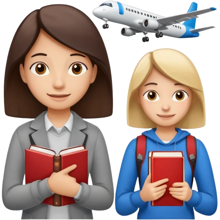 Create two emoji characters.

Left: a stressed, sad student preparing for IELTS, holding books and coffee, tired face, exam stress.

Right: a happy confident student after IELTS, traveling abroad, airplane, university, freedom, smiling.

Style: emoji, clean, simple, white background. emoji