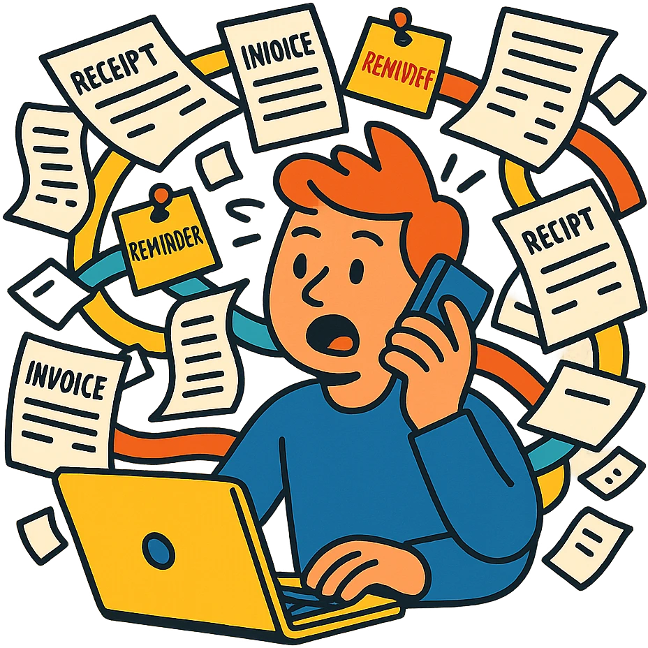 person holding a phone in one hand, laptop open in front, storm of receipts, invoices, and reminders swirling around, multitasking chaos emoji