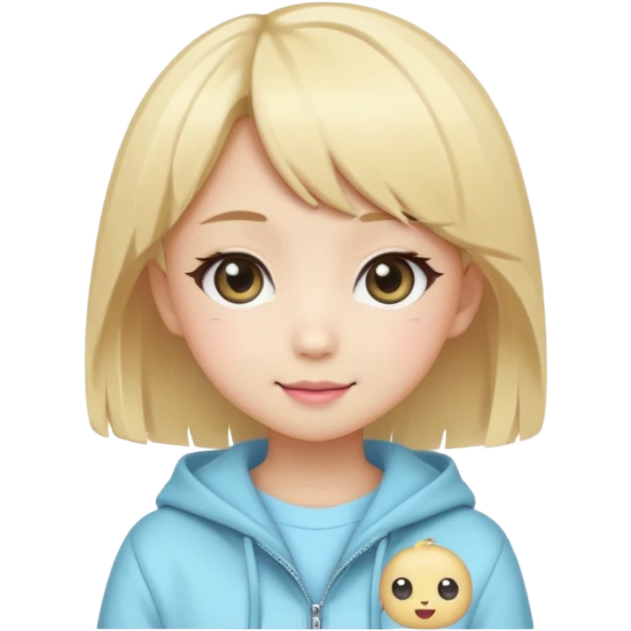 Cute kawaii emoji-style Japanese K-pop girl, blonde hair, trendy K-pop outfit with Japanese cute fashion vibes, big sparkling eyes, chibi proportions, clean lineart, pastel colors, cheerful idol smile, sticker/emoji style, transparent background emoji