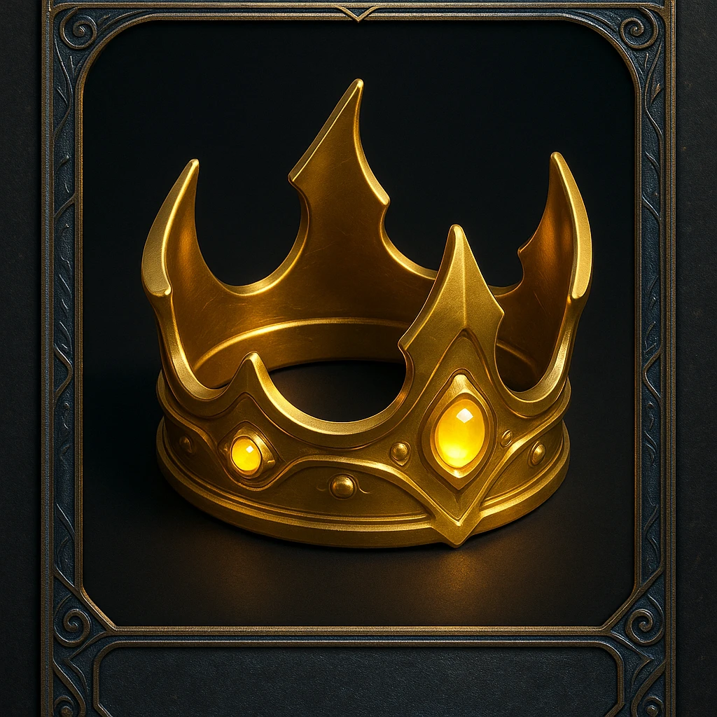modern fantasy golden crown with smooth curves, intricate details, softly glowing gemstones, set inside a Magic: The Gathering style card frame with ornamental corners, arcane patterns, metallic magical finish, dark background for contrast, clean iconic look, ideal for Discord emoji or Magic league logo emoji