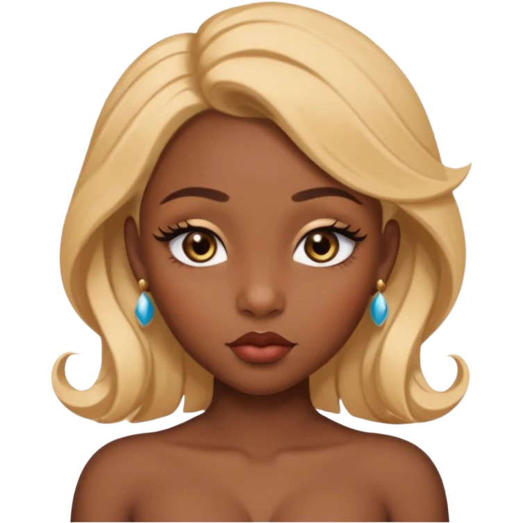 darkskin female with eyebrows that are naturally shaped and frame eyes well, eyes that are almond-shaped with defined lashes. nd lips are full with a defined cupid’s bow, add also a septum piercing that adds an edgy, stylish flair. a middle-part, honey blonde bust-down with laid baby hairs emoji