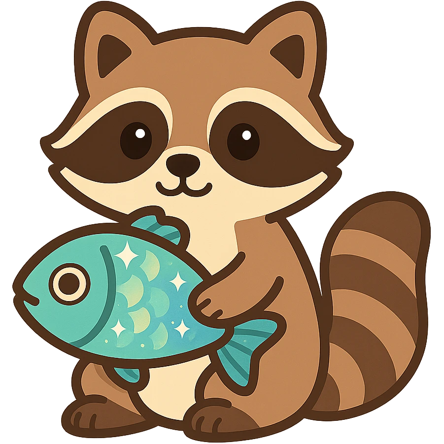 flat toon style cute raccoon with fish eyes and shimmering scales emoji