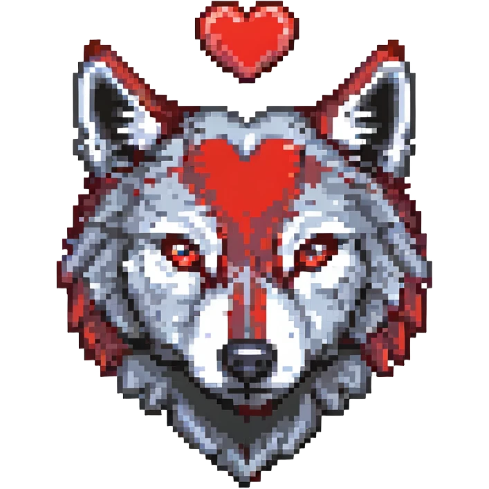 black and red wolf with a heart above its head pixel art emoji