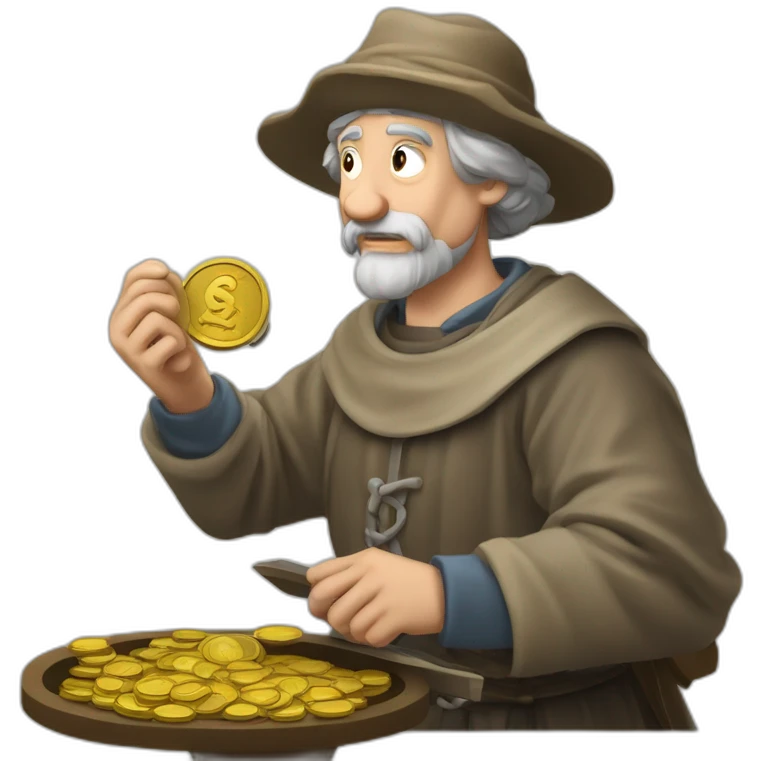 old and experienced coin engraver yielding a coin, medieval age emoji