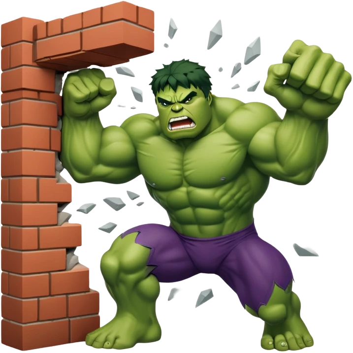 Hulk smashing through a brick wall, green superhero breaking through emoji