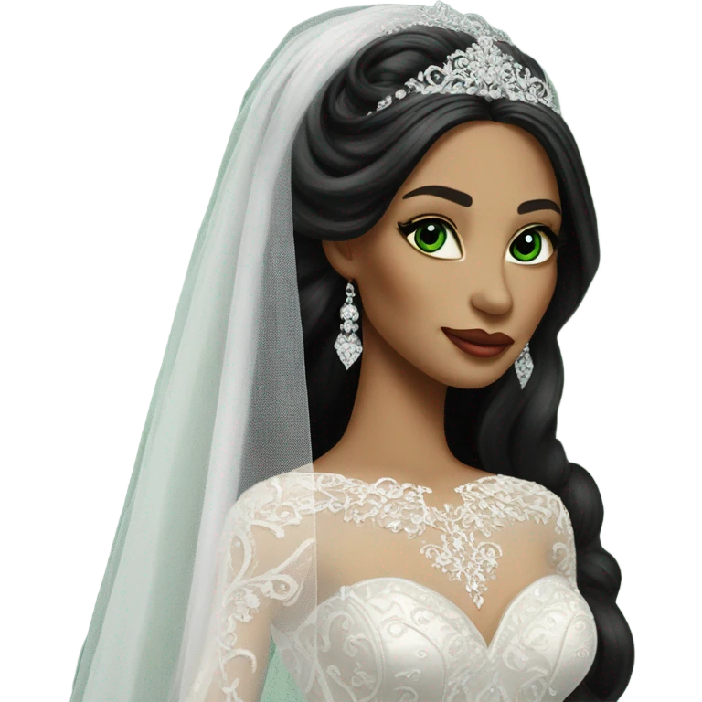 Hyper Realistic ornate ballgown long sleeve Wedding dress with diamanté on Russian bride with green eyes and long black hair with veil emoji