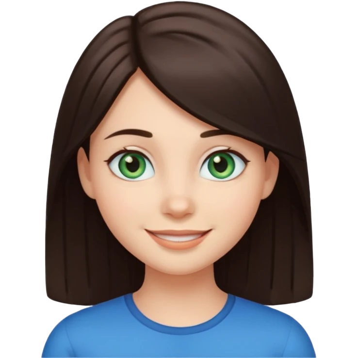 Create a girl with dark brown straight hair and bluey green eyes, cartoon emoji emoji
