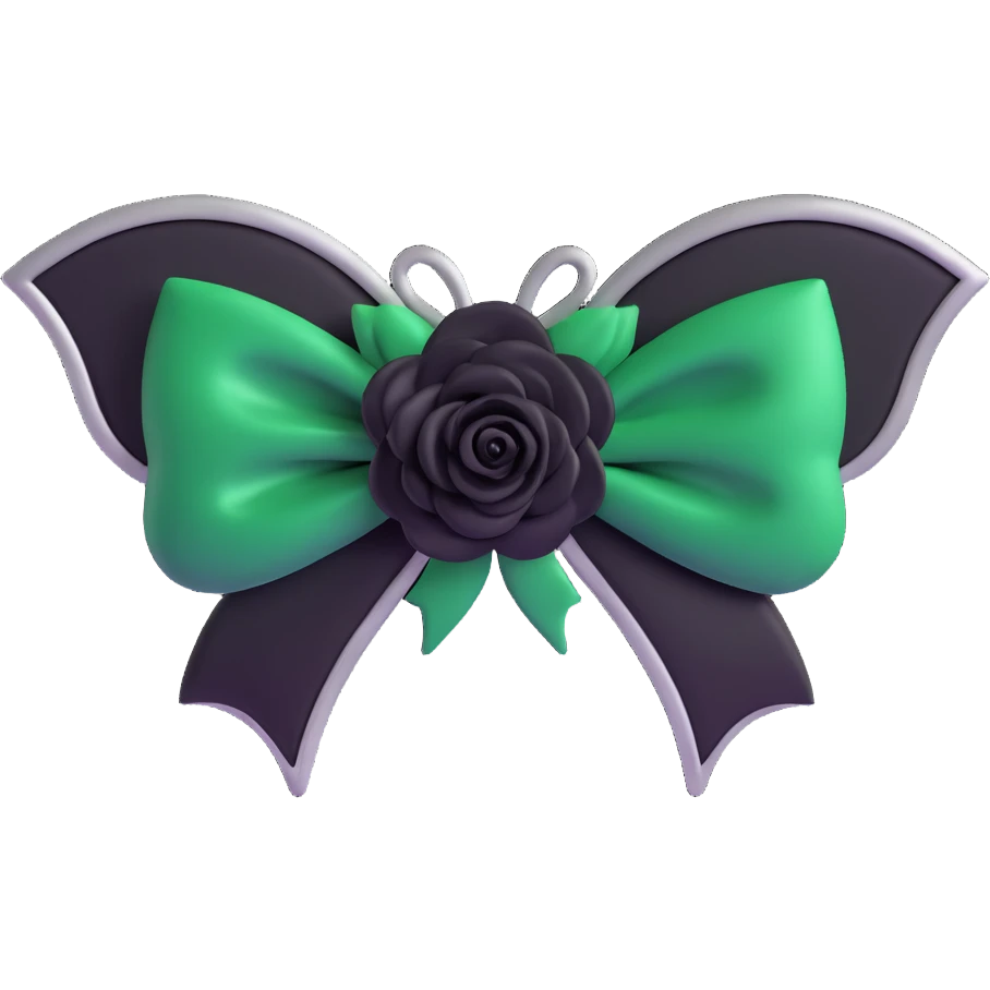 3D emoji gothic bow, deep forest green velvet, silver bat brooch, black rose center, rich and gothic emoji