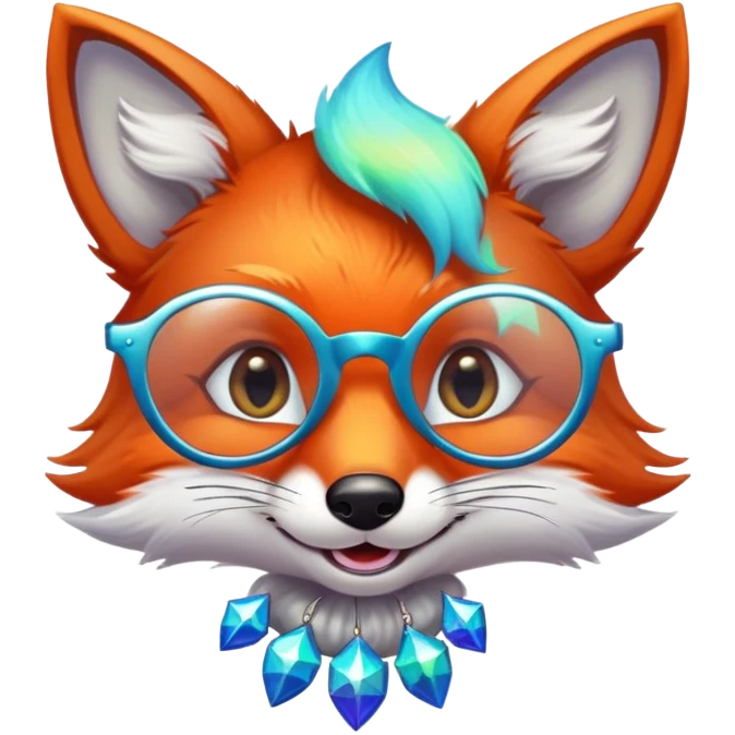 A sly fox with iridescent fur, a glowing tail, a silver star on its forehead, and round glasses, giving a mischievous smirk emoji