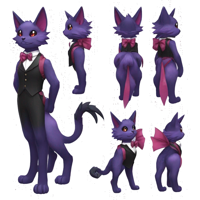 cool kawaii cute black purple red ethereal fantasy beautiful elegant nargacuga-Noivern-cat-Fakemon collar harness bow tie and bracers full body emoji