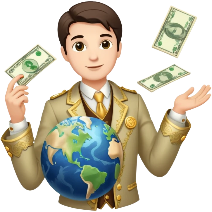 rich person holding the earth in one hand, dressed in fancy clothes with money flying around emoji
