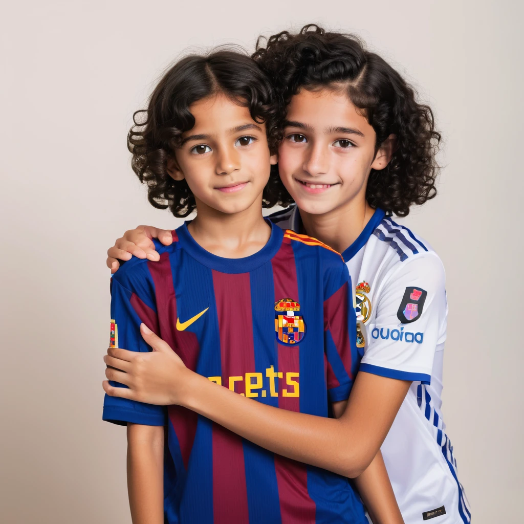 A tall boy with brown eyes, black hair, and white skin, wearing a Barça shirt, hugging a short girl with curly black hair, brown eyes, and bronze skin, wearing a Real Madrid shirt emoji