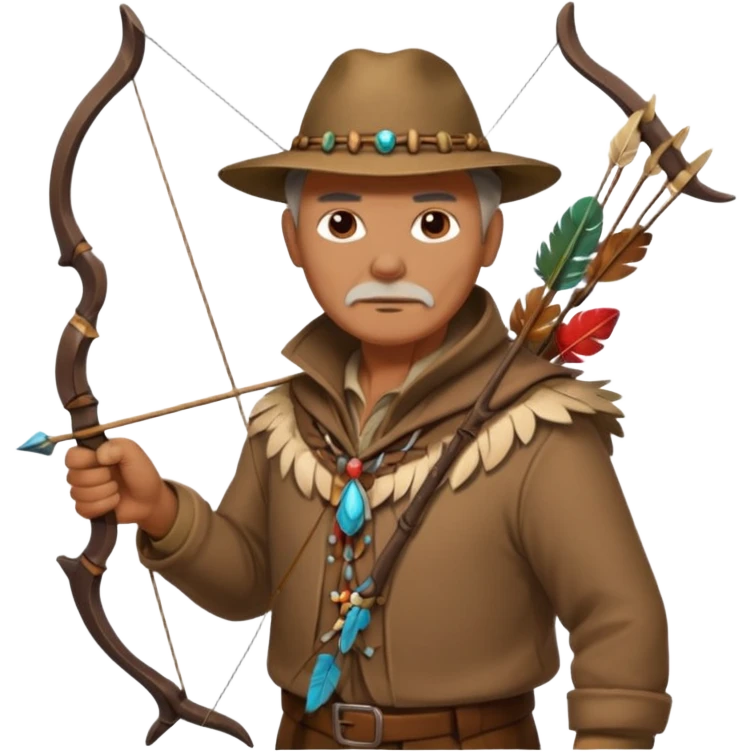 The classic image of a middle-aged uncle hunter carrying a bow, dressed in brown clothes, with some ornaments made of feathers, bones or teeth on his body. emoji