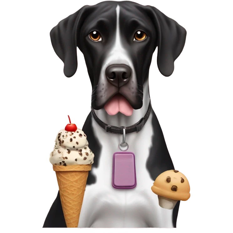 Black and white Great Dane eating an ice cream cone with a German short haired pointer  emoji