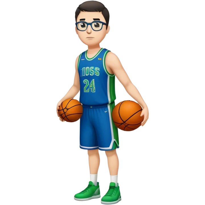 Full Body tall plus size white male with dark short hair basketball player wearing glasses wearing blue green uniform emoji
