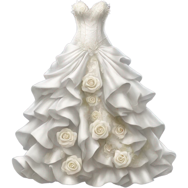 Hyper Realistic ornate Wedding dress displays ruffles and white roses emoji