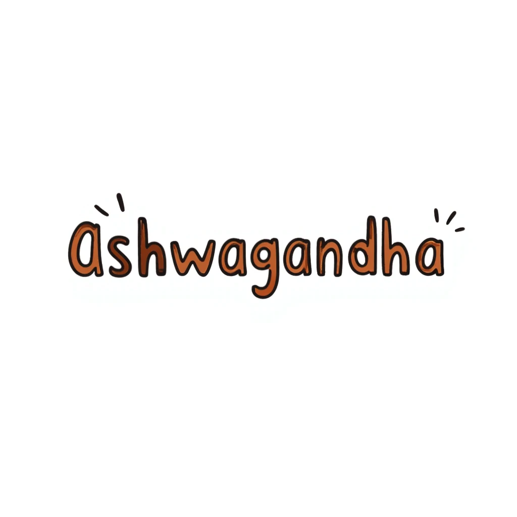 The word "Ashwagandha" hand-drawn in a warm earthy color palette with browns, oranges, and subtle greens. Simple doodle style with minimal decoration. emoji