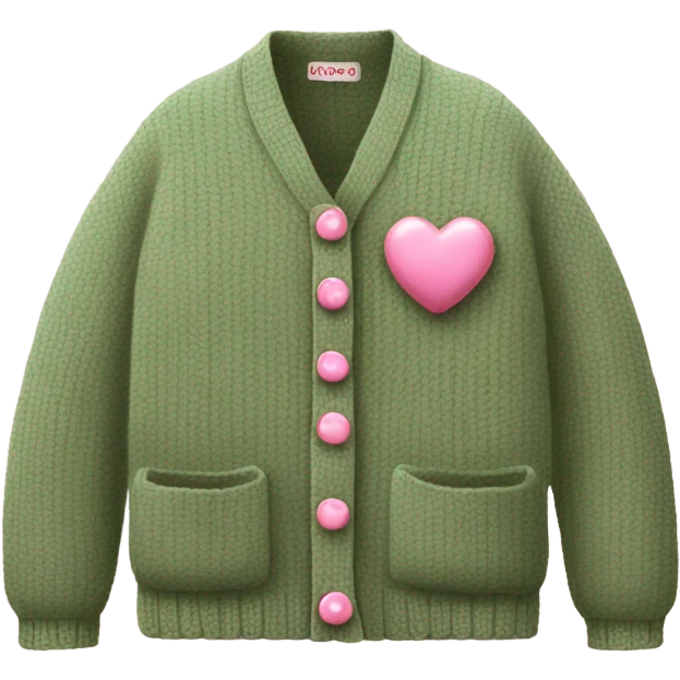 Sage oversize wool open short cardigan with pink heart shaped buttons, isolated emoji