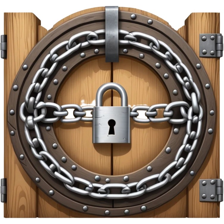 A heavy metal chain wrapped around a round wooden door with a padlock securing it emoji