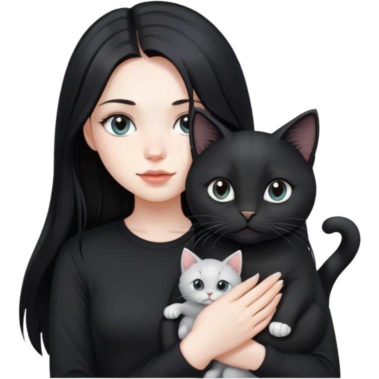 beautiful girl with long black hair wearing a black shirt holding a silver-colored cat emoji