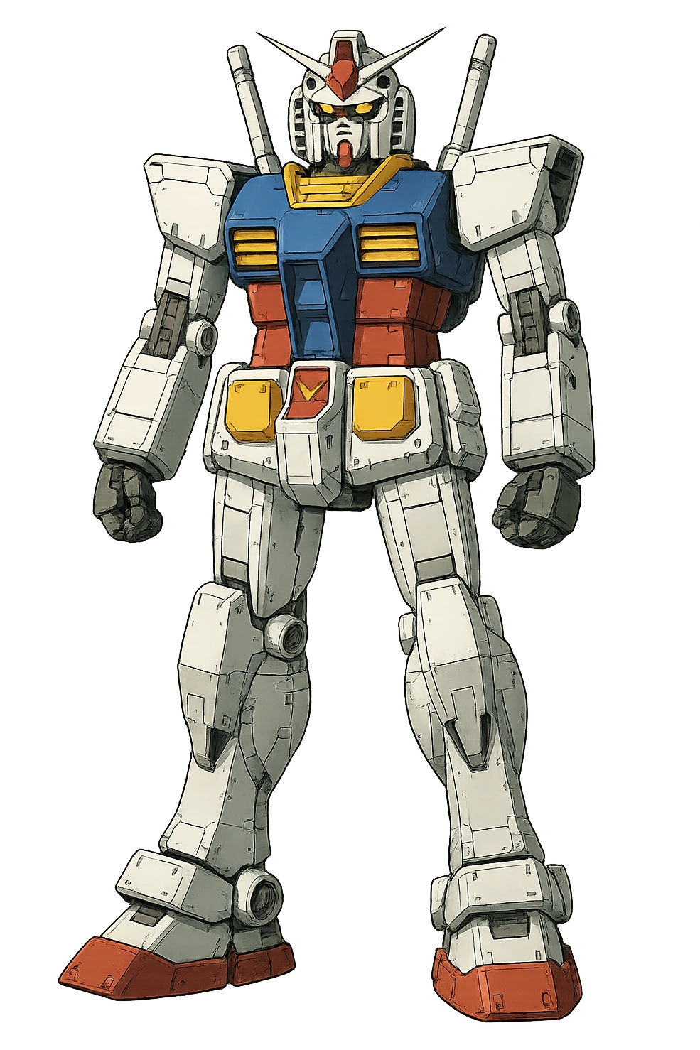 Gundam robot, standing upright, neutral stance, no dynamic pose, detailed mechanical design, white, blue, red, and yellow color scheme, no background emoji