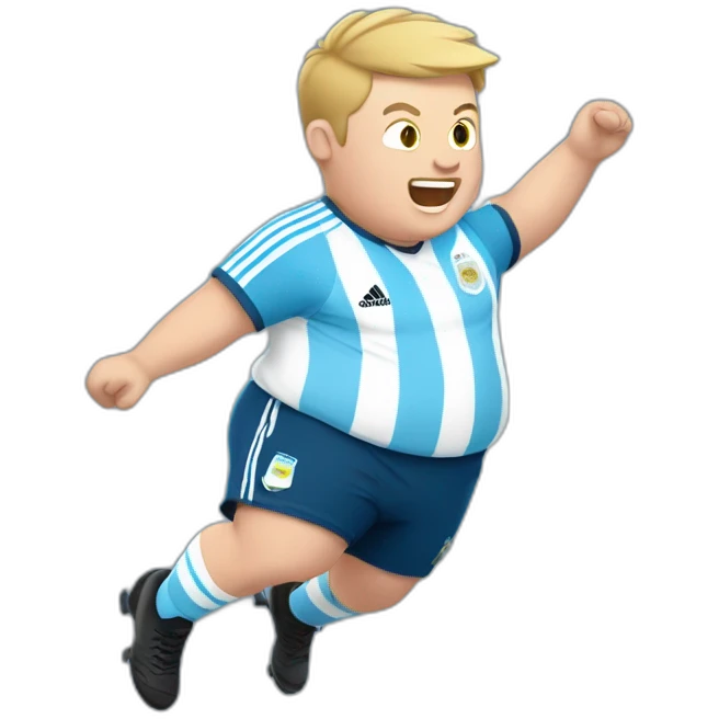 Short hair, obese white man jumping. argentina team uniform.  emoji