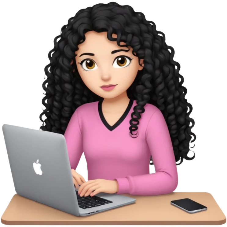 a girl typing mac book with long black curly hair and brown eyes with black eyeliner, pink shirt emoji