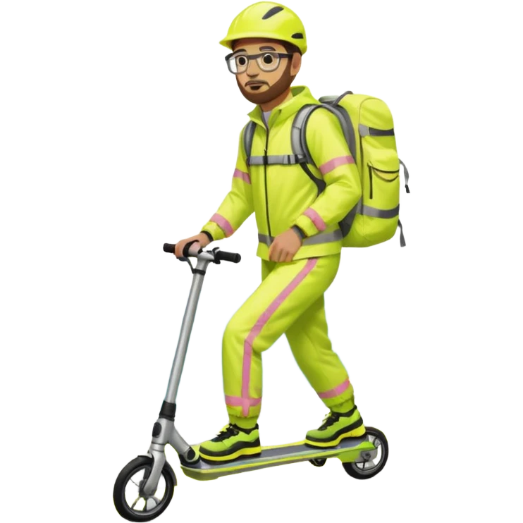 Man wearing a neon yellow high-vis waterproof suit with reflective stripes, carrying a large hiking backpack, standing on a stunt scooter. He has short brown hair, a trimmed beard, glasses, and is by the sea on a concrete platform. emoji