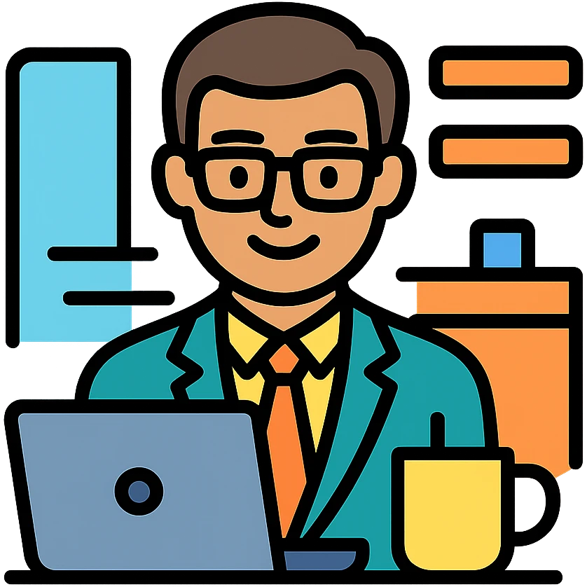 professional programmer, looking confident and happy, in a modern workspace, with a laptop and coffee mug, color outline icon style emoji