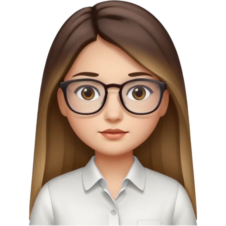 Chica de piel blanca con cabello liso largo con balayage, ojos cafe obcuro con lentes cuadrados, gordita, camisa e vestir blanca emoji