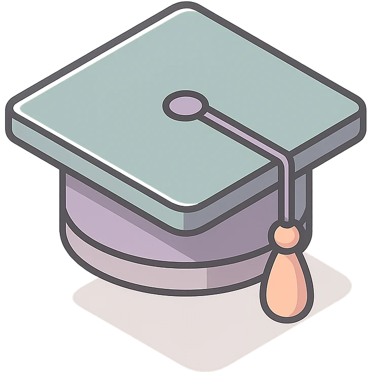 academic graduation cap square with tassel, 2D isometric style, clean lines, soft shadows and highlights, minimalist eastern accent, pastel palette #98B5BC, #B5B3C1, #C9A3C9, #E4C0CA, #F7DCD1, #F7C0AA, transparent background emoji