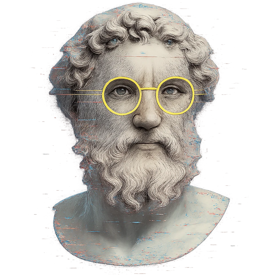 ultra-detailed Greek marble bust, curly hair and beard, neon yellow round glasses, cyberpunk digital glitch effects, centered, soft shadows, clean edges, transparent background emoji