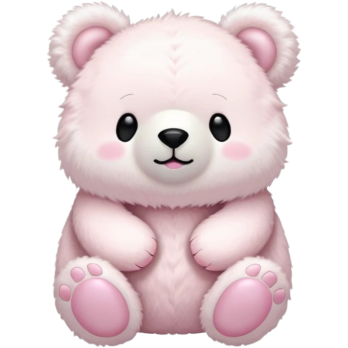 a fluffy toy teddy with a light pink colored shell and ears and a big white face and round white bear feet, with a cute black closed eyes and mouth emoji