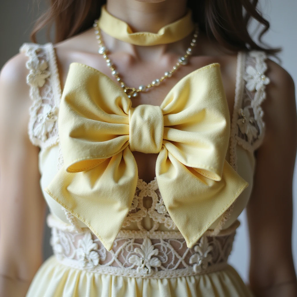pastel yellow gothic bow and matching bracelet, lace and velvet details, photorealistic style, transparent background, variation 2 emoji