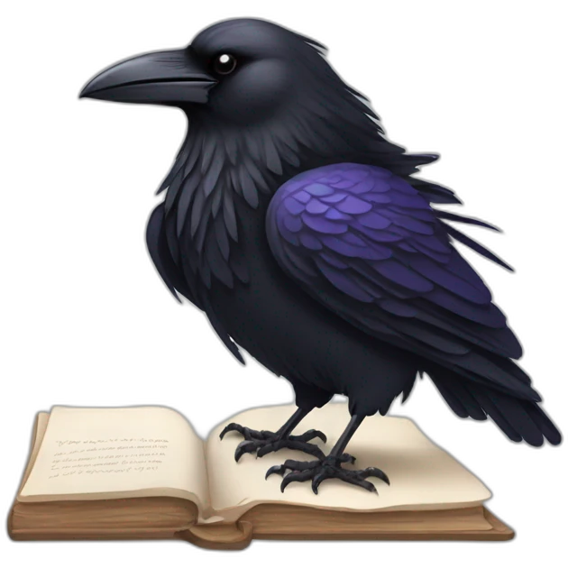 A raven holding a stylized feather quill in its beak, representing writing and note-taking emoji