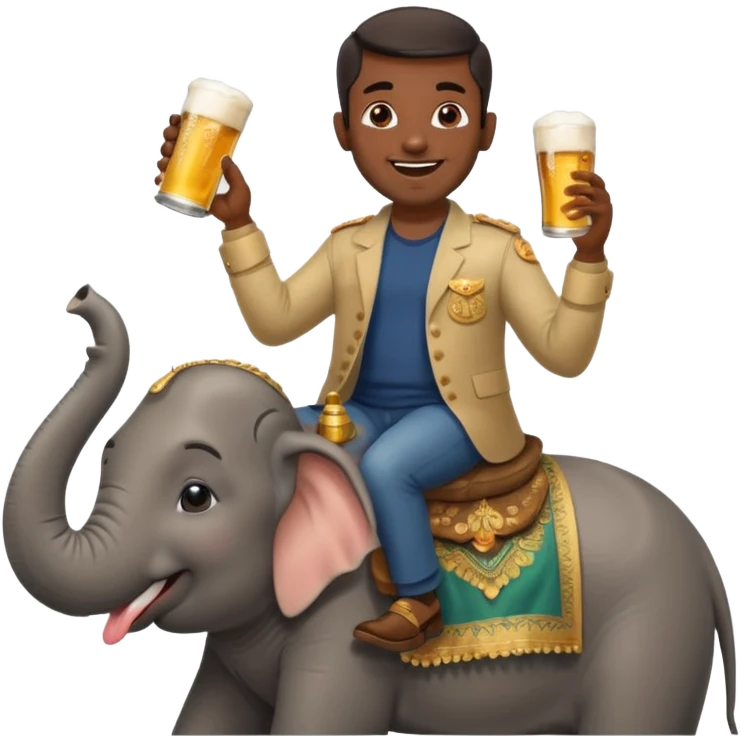 Indian man riding an elephant while singing drinking a beer smiling  emoji