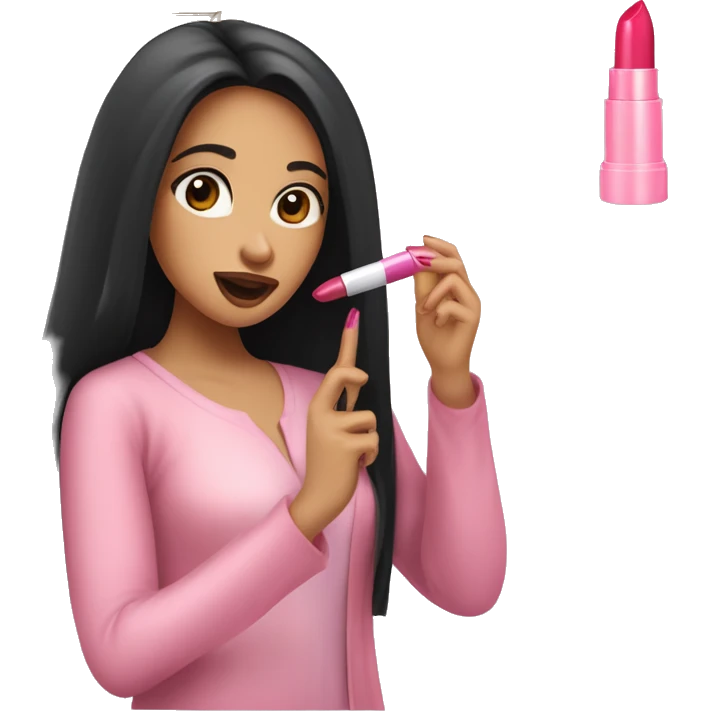 A girl putting on a lipstick. The girl has long black hair and a light skin. The girl is wearing a pink abaya. She is wearing a white top. She is wearing jeans. She is holding a small bag. She is looking at the mirror while applying the lipstick . emoji