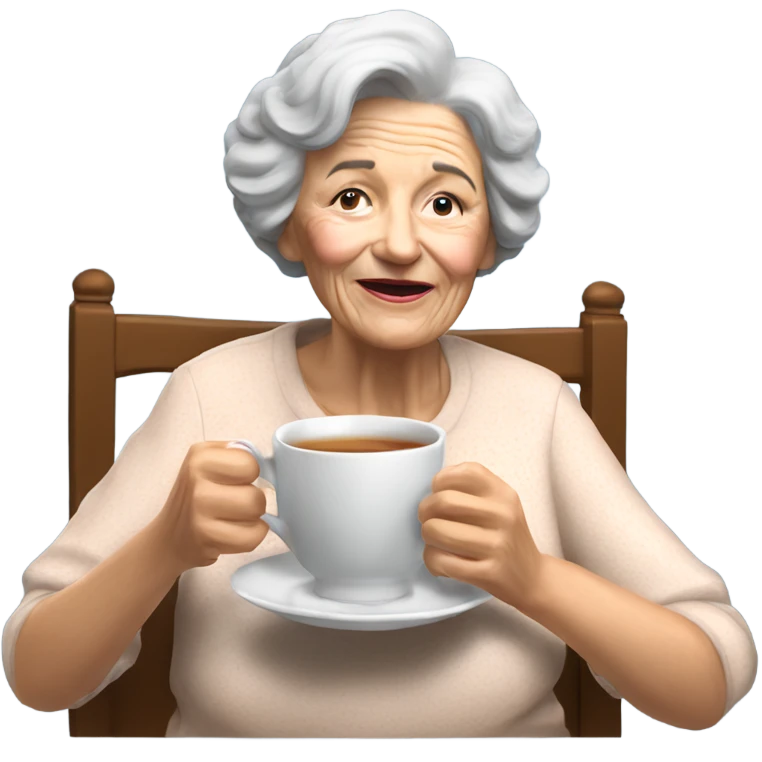 3d hyper realistic senior woman drinking a cup of tea with a biscuit  emoji